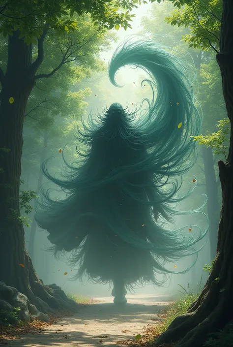 A majestic yet unsettling Kaze no Kami, the god of the wind, swirling through the ancient trees of Atsuta Shrine in Nagoya during the day. His form is composed of swirling gusts and leaves, his face barely discernible as he moves gracefully but with a sile...