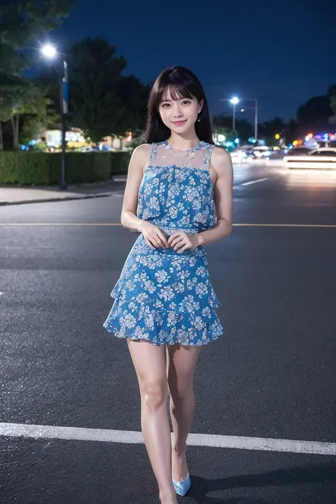 Familiar,Sharp lines,Best Quality, masterpiece、Night Parking、Dark Light、Canon Photo Crystal Clear ,（Realistically:1.2）, (Light blue floral casual mini skirt dress)、Action pose、Take a full body photo、A slow smile、Glamorous physique、Medium Layered Hair