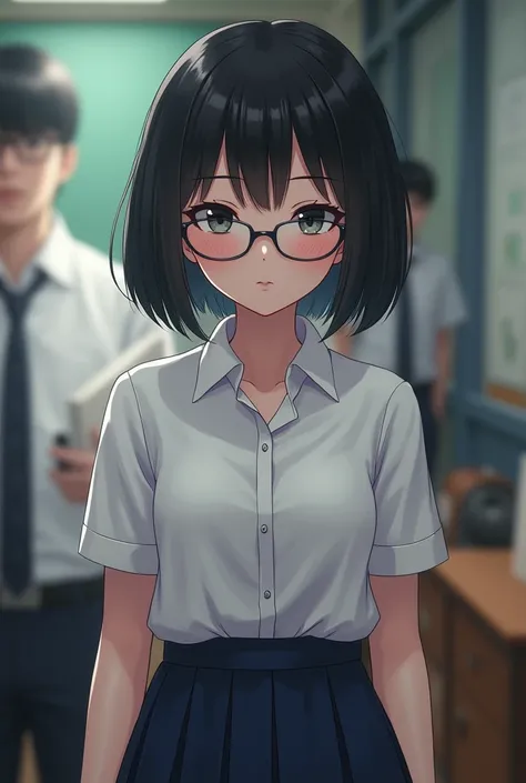 A girl with short black hair, wearing thin glasses, and wearing a school uniform.