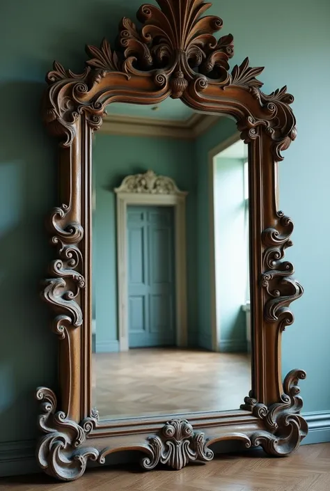 an surrealistic, ornate, vintage mirror framed in intricate, carved wood. The frame features elaborate detailing, adding a sense of grandeur and elegance. The mirror reflects a softly lit room with muted colors, characterized by pale blue walls and a woode...