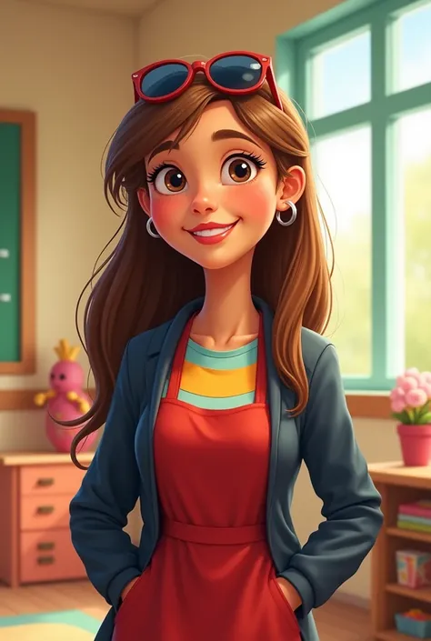 Create a Pixar-Diney style cartoon of a woman with long, straight hair in a light brown or dark blonde shade. She wears her hair down and appears to be wearing sunglasses on her head.. His skin tone is light, and has a smiling expression. His eyes are dark...