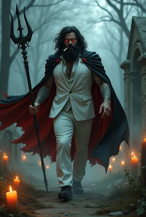 Burly man with beard, black wavy hair, black and red cape, walking stick, tattoos, cemetery, candles, cigar in hand, tuxedo bench, red eyes , white suit, trident, souls, books 