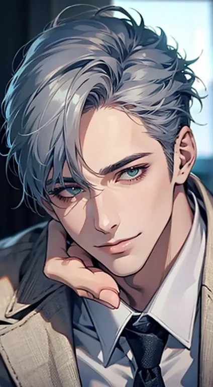 (Highest quality,4K,8K,High resolution,masterpiece:1.2),Super detailed,(Realistic,photoRealistic,photo-Realistic:1.37),1 personld,Mature Men,Beautiful skin、very handsome,Expressionless smile in love,Short gray blue hair,green eyes,Sharp Eyes,A perfect face...