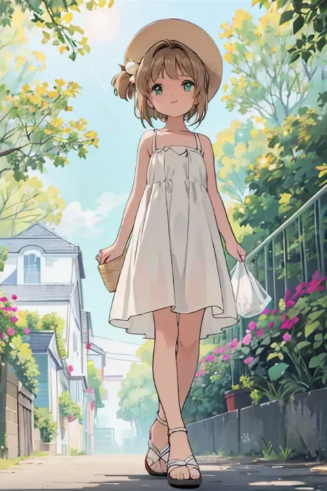 High resolution,masterpiece,Best Quality,beautiful background,anime, cute,One girl,The girl is . ,A street lined with fresh greenery,Flat Chest,White camisole dress,Chestnut Hair,Short Bob Hair,white ankle strap sandals,White straw hat,Green Eyes,Walking,s...