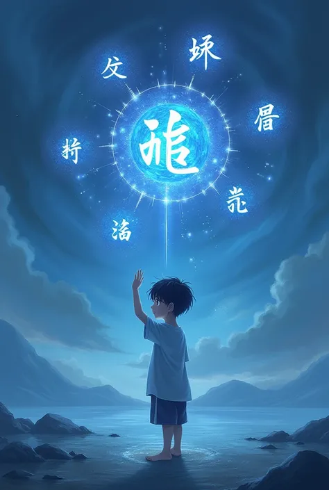 A boy with black hair and his hand slightly raised and almost touching a Kanji of the elemental power of the void and several other kanjis around in a blue landscape