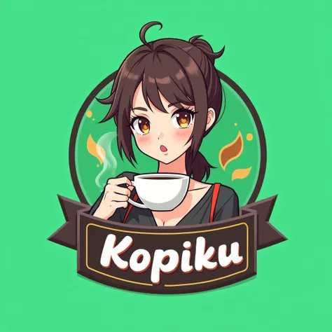 Create a modern, stylish, and trendy logo for a café named "Kopiku." The design should feature a fashionable anime girl enjoying a cup of Kopiku coffee. Ensure the logo is eye-catching and contemporary, with a green screen background.