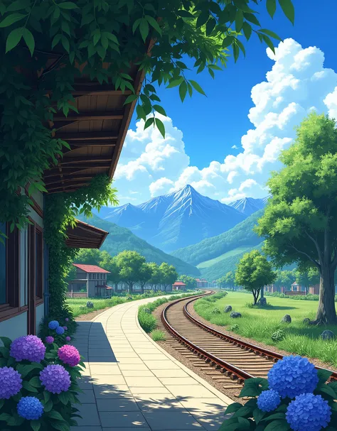 An anime-style digital painting of a tranquil rural train station nestled in the countryside. Sunlight filters through the canopy of overgrown vines and plants, casting soft shadows on the stone platform. Brightly colored hydrangeas bloom along the path, a...