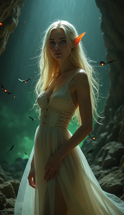 Stunning photo of a Elf girl, at a horror cave, long golden hair flying, black background with some red and green light, sexy rounded big intoxicating eyes, crystal clear milky skin, soft sharp boobs, stunning dress, sexy pose, many bats, in the smoke, hea...