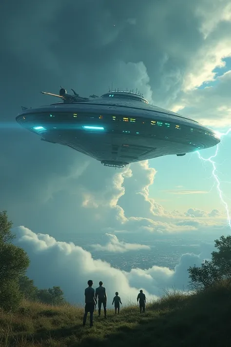 "A futuristic alien spacecraft hovering above Earth, surrounded by swirling clouds and illuminated by glowing blue and green lights. The alien ship is sleek and metallic, with an otherworldly design, symbolizing advanced technology. In the foreground, smal...