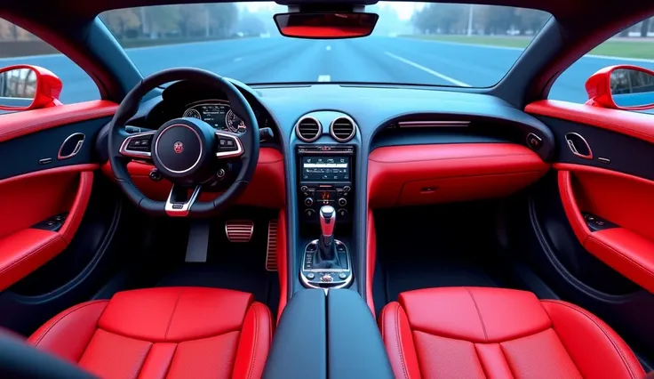 Give me a front view colourful interior of (Bugatti La Voiture Noire) with dashboard cabin and luxury seats 