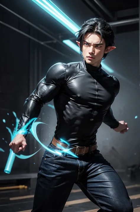 A muscular male elf with short, modern black hair and striking blue eyes. His body reflects the rigorous training of a martial artist, with defined muscles and a confident stance. He wears a black denim jacket that hugs his upper body, a pair of thick gray...