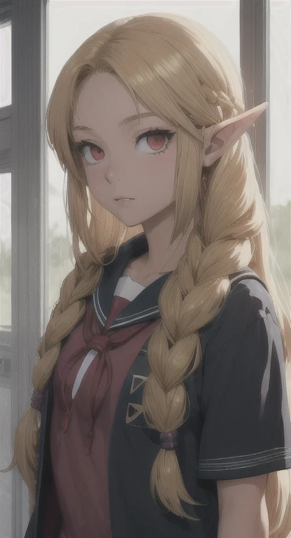 Modern Hylian, Highschool student, Hylia, blonde, red eyes, Hylian braids, looking at viewer, Triforce highschool, long messy hair, modern Hyrule, School,