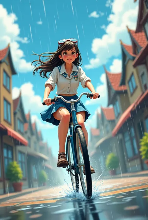 4d Cartoon, beautiful girl wearing high school uniform riding a bicycle, clothes soaking wet