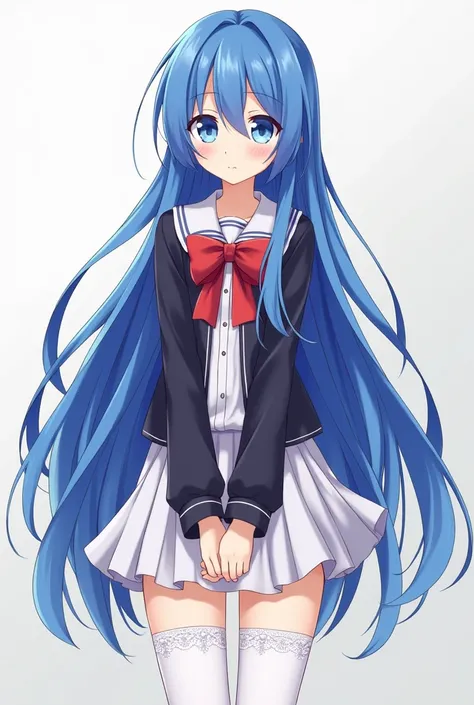 woman, Beautiful long blue hair, anime,Katana,long sleeve school uniform,White stockings with lace,I tied a red bow.
