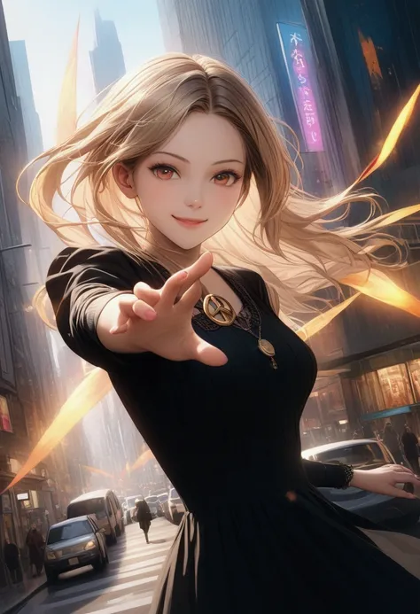 A smiling anime girl in a city Smile with confidence, holding a peace symbol with his hand, inspired by Marin Kitagawa, tsirt displaying "24 years", detailed facial features, intricate hairstyle, detailed clothing, dynamic pose, colorful lighting, vibrant ...