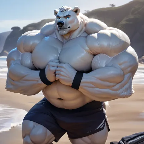 huge bulked up muscular polar bear in Californian beach, big grunting noise, big bulked up flexing body, polar bear, huge white fur, thick arm, huge arm, added gray mustache, added gray beard, short white hair, weight: 440lbs, (bulked up muscular, pectoral...