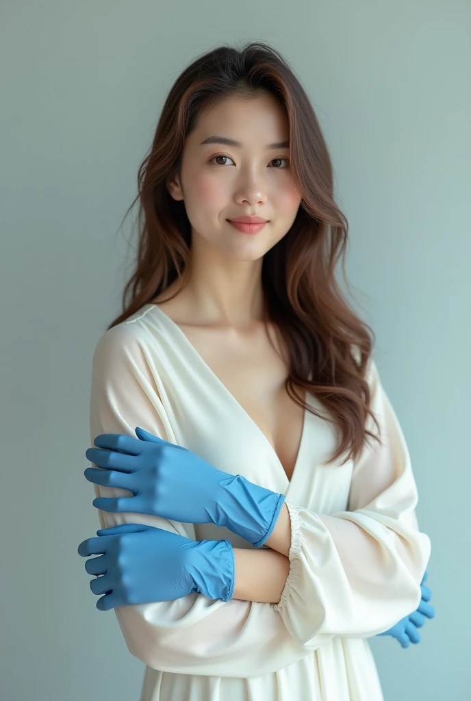 Asian girl with brown hair wearing a white sleeved dress and blue nitrile gloves