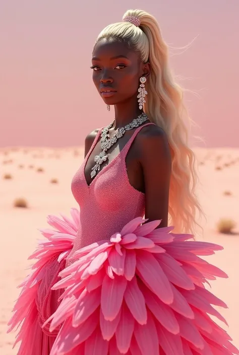 create the image of a thin black woman with brown eyes, com piercing no nariz, long blonde hair with ponytail hairstyle, an outfit made of pink feathers, a glass high heel, diamond jewelry, in a pink desert