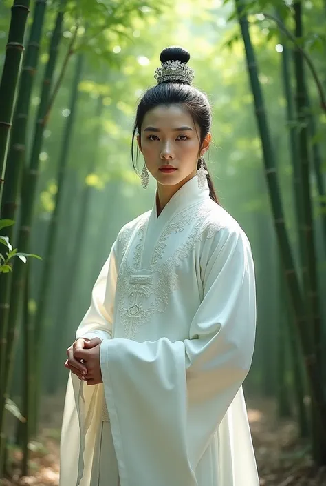 Wang Yibo wears a white ancient Chinese costume and stands in a green bamboo forest.