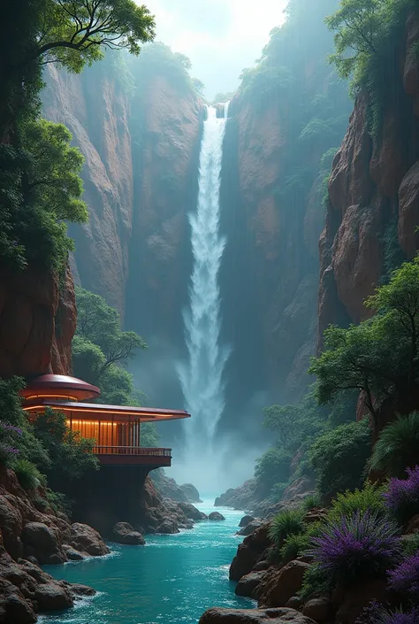 hyper realistic detailed photograph of a lush mars jungle, massive waterfalls, heavy rain, subtle warm lighting, bar, 8k, masterpiece, photorealistic, extremely detailed, cinematic, stunning colors, volumetric fog, god rays, moody atmosphere, dramatic ligh...