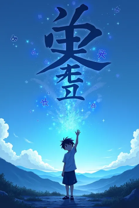 A 1 boy with black hair and his hand slightly raised and almost touching a Kanji of the elemental power of the void and several other kanji around him in a blue landscape anime version