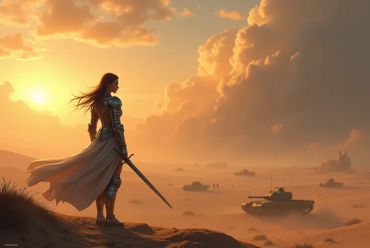 Eternal blow, acronym ÆŒ, place war tanks, mouths, and planes,   girl in armor looking at the horizon, sunset, DUNES, long thin layer, oriented in the medieval era, fantasy creatures in the distance, ((girl in silver armor holding a sword))