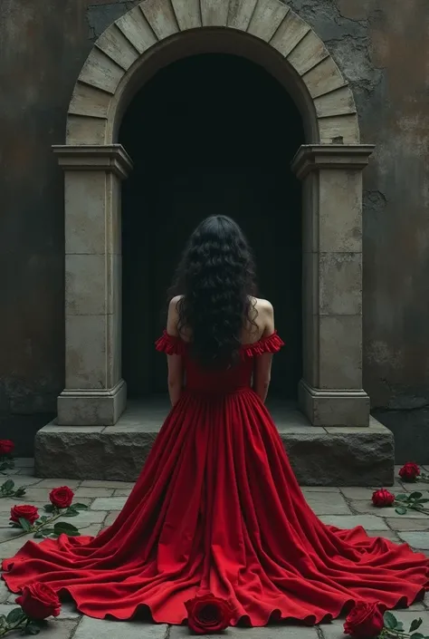 Very white skinned woman with curly black hair wearing a long red dress full of ruffles. Scene of a tomb with several red roses on the floor and a person kneeling down praying.