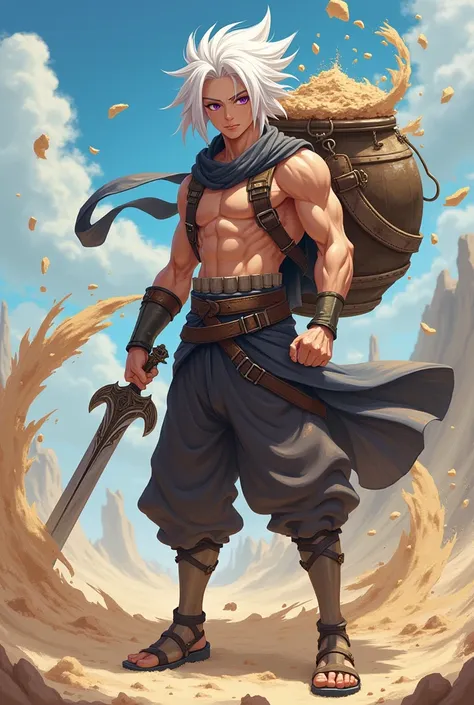 create a young man with white hair in anime style, purple eyes, carries on his back a large container with earth inside, and in one hand a sword with sand imbued in it, somewhat strong physical build