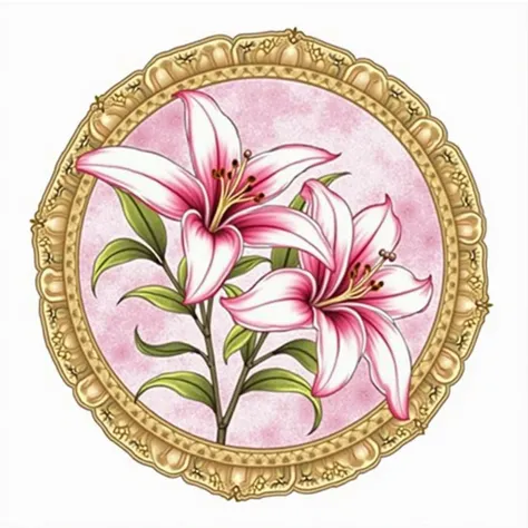 Two pink lilies inside a circular golden frame. Paint as shown in the drawing.