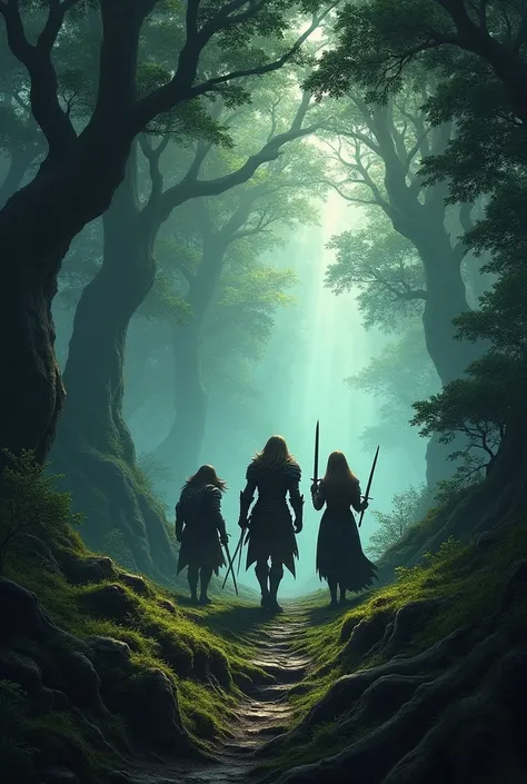 Deep in the Raventhorn Forest 3 friends with swords going in the forest 