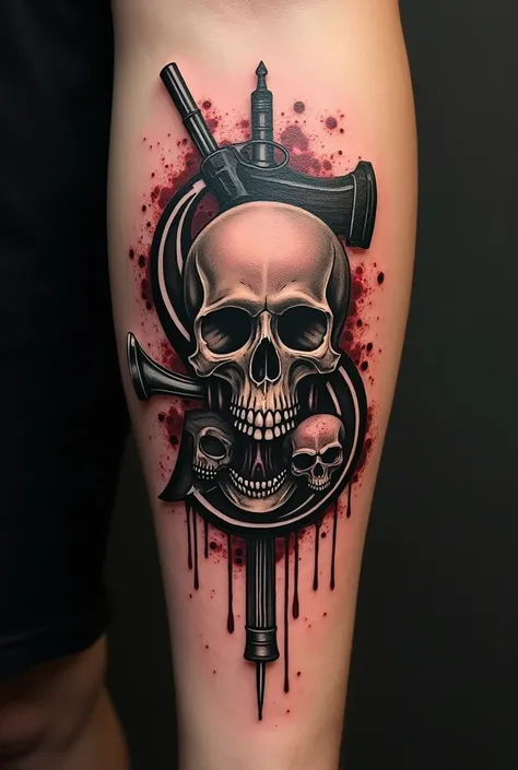 A small tattoo of $1 dollar next to a gun, a skull, an axe and blood, unique and elegant