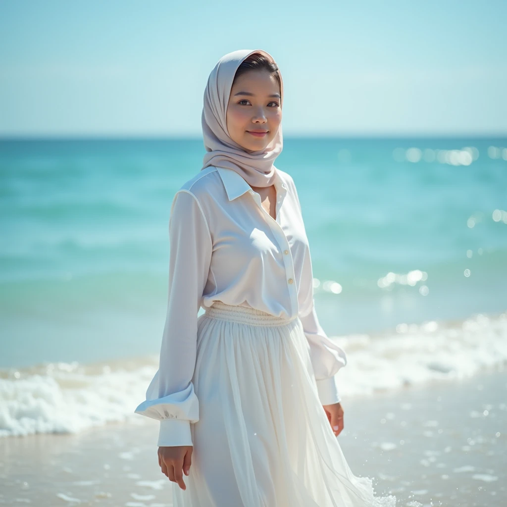 A beautiful Indonesian woman, slightly round and dimpled face details, quite chubby, perfect hijab and floating in the wind, wear a wet long-sleeved thin white shirt rolled up, and a long, flowing, sheer chiffon skirt, walking in the beach water with rippl...