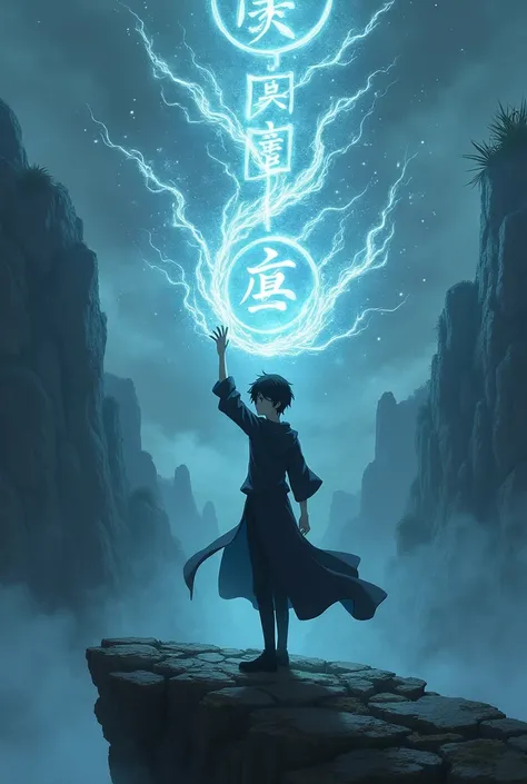 A teenager with black hair and his hand slightly raised and almost touching a Kanji of the elemental power of the void and several other kanji around him in a landscape with a cliff (anime version)