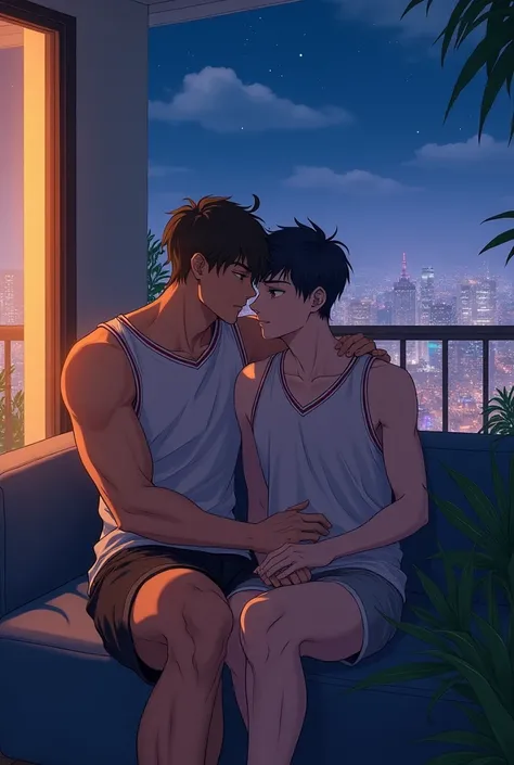 Two beautiful young man, one was tall and big and he is whispering to the other one, one was with fair skin with sexy  body, anime like, sitting on sofa, wearing volleyball shirt, grey shorts pants, outdoors, outside balcony, city night background, night s...