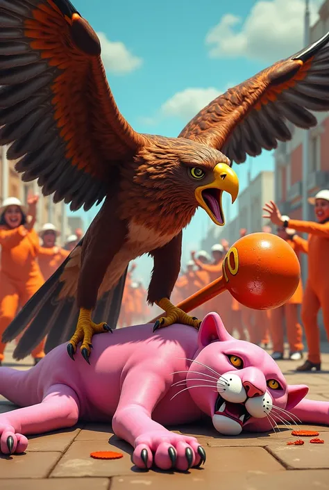 Hawk hitting the pink panther on the head with an orange mallet with the number 70 , make the hawk very strong and put some people celebrating dressed in orange behind it , the panther needs to be lying dead