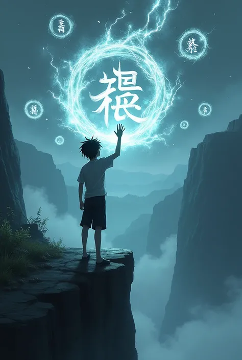 A teenager with black hair and his hand slightly raised and almost touching a Kanji of the elemental power of the void and several other kanji around him in a landscape with a cliff (anime version)