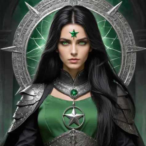 
hair: Her long black hair remains loose, but now adorned with a Green Star clip, without the extravagant trappings of his former life. This symbolizes his humility and his move away from dark mysticism..

clothes: She wears more functional combat attire.,...