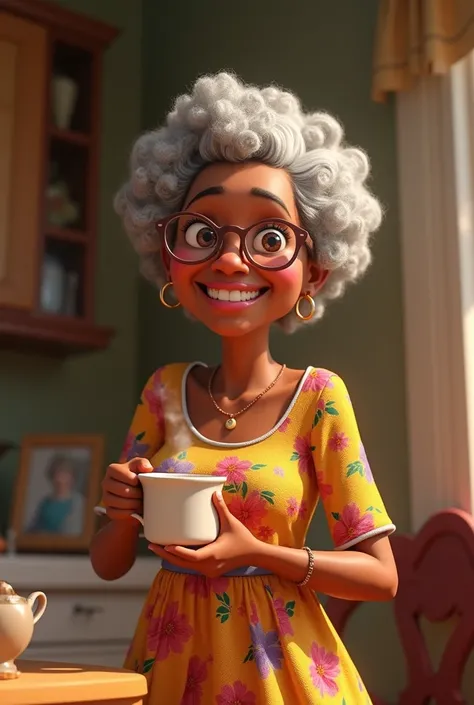 pixar cartoon of a dark-skinned granny, short hair floral dress
