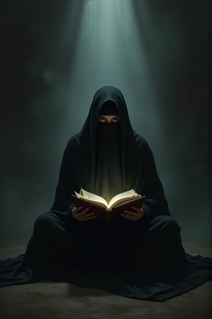 A cloaked figure sits in a dimly lit space, illuminated by a soft glow emanating from an open book in their hands. The individual is dressed in a black niqab, with only their eyes partially visible, creating an air of mystery. The background is hazy and da...