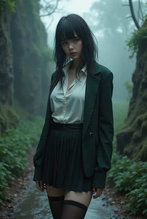 ((landscape path mysterious)), (finely detailed eyes and detailed face:1.3), (extremely fine and beautiful:1.1), (Perfect details:1.1), ((gros seins)), ((jambes grasses)), AaKmy-KJ, grey eyes, blunt bangs, , pleated skirt, shirt, jacket, black thighhighs