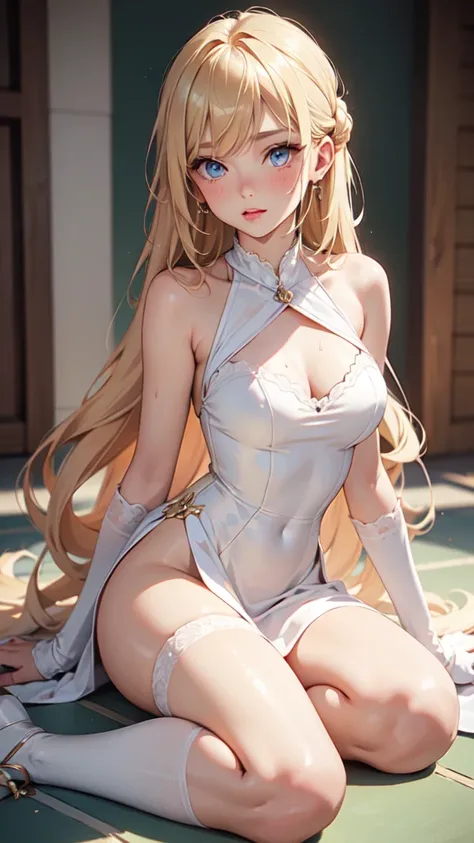 1girl, solo, elegant hair (full body: 1.1), (side at the viewer: 1.1), filmg , sweet_lolita, Best quality, masterpiece, blond hair, blue eyes, Exquisite mouth,Very detailed face, blush, Shiny wet skin, Pink lips, Delicate lips, one piece race queen cosplay...