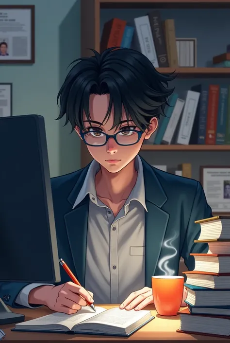 A college man with eyeglasses using computer to research with coffee and more notebooks anime 