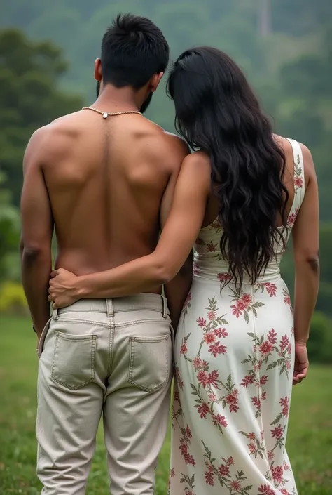 Kerala straight couple realistic photo. Male is with brown indian skin tone and with beard.female is young curvy  shaped aged 25 in wayanad kerala. Realistic photo. Wearing printed white midi and top. Showing hip. Big ass.Back side photo