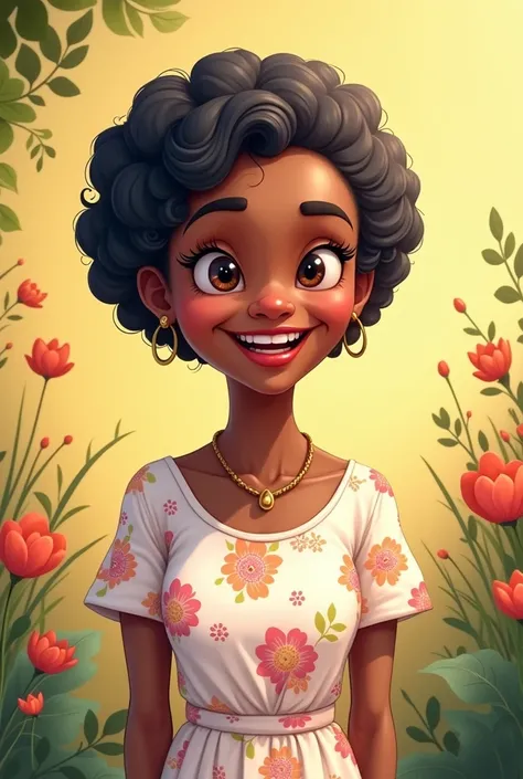 dark skinned granny cartoon, short black hair,  White floral dress
