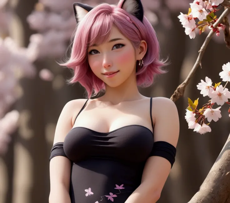 1cute yuna, realistic, (looking at viewer:1), (ulzzang-6500:0.66), thighs, bare legs, dappled sunlight, best quality, ultra high res, (photorealistic:1.4), YaeMiko, fox ears, short hair, pink hair, yae_sakura, jewelry, cherry blossoms, (smile:1), bare_shou...