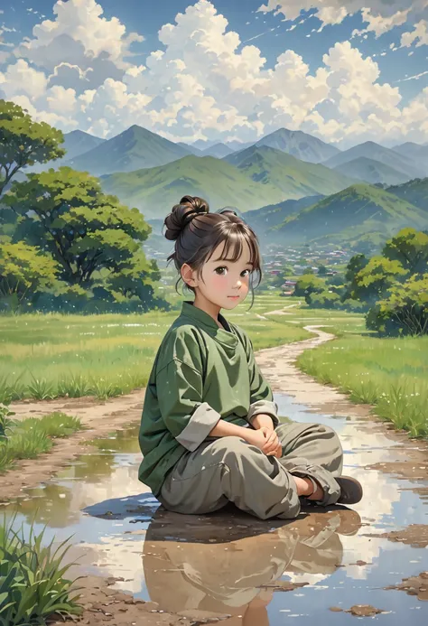 The image features a young child with their hair styled in a high bun. The child is sitting cross-legged on a dirt path, with their hands resting on their lap. They are wearing a long-sleeved, loose-fitting top and rolled-up pants. The background shows a s...