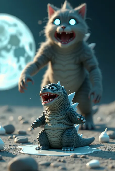 Baby godzilla crying over spilled milk on the moon with angry giant cat behind 