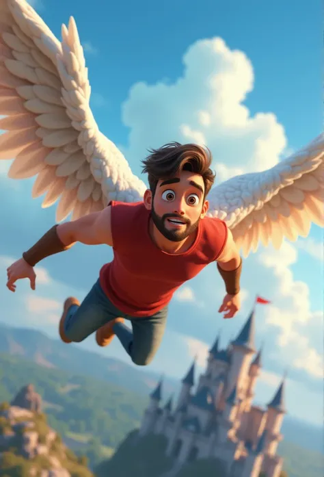 a man, young, short beard, brown eyes, with wings, A sky with a castle in the background, Pixar style image, 3D animated movie style, Disney, T-shirt pulled red