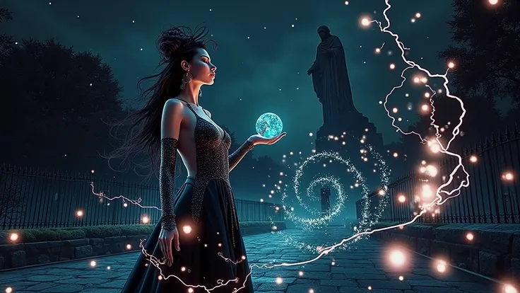 a female wizard, releasing super magic power, palm-size:0.4 mysterious blue crystal ball, sparkling stars twinkle amidst glittering particles and shimmering lights surrounded her body, lightning, old cars. (1girl, solo, alone), photorealistic, large-breast...