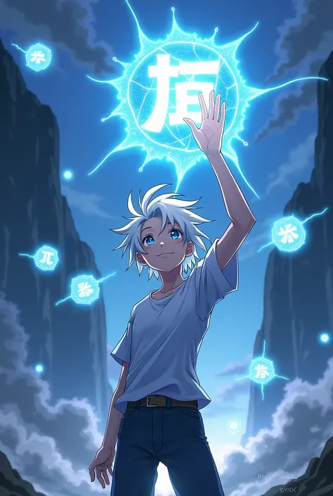 A teenager with white hair and his hand slightly raised and almost touching a Kanji of the elemental power of the void and several spheres of energy around him in a landscape with a cliff (anime version)